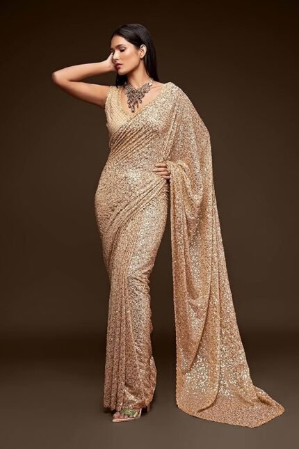 Women's Sequins Work Heavy Georgette Saree With Unstitched Blouse Peice (Latest-Sequins-Party-Saree, Free, Many Colors)